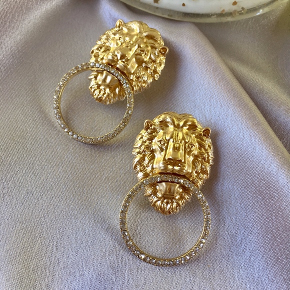 Lion Head Door Knocker Rhinestone Gold Earrings - Picture 2 of 8